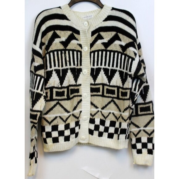 VG 90s D.D. Sloane Sweater Cardigan sz S Black White Fashion Warm Hand Knit - Picture 1 of 10